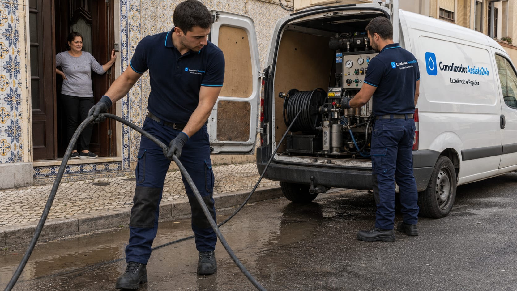 Técnico de piquete a preparar equipamento de hidrojato para desentupimento de esgotos em rua de Lisboa
