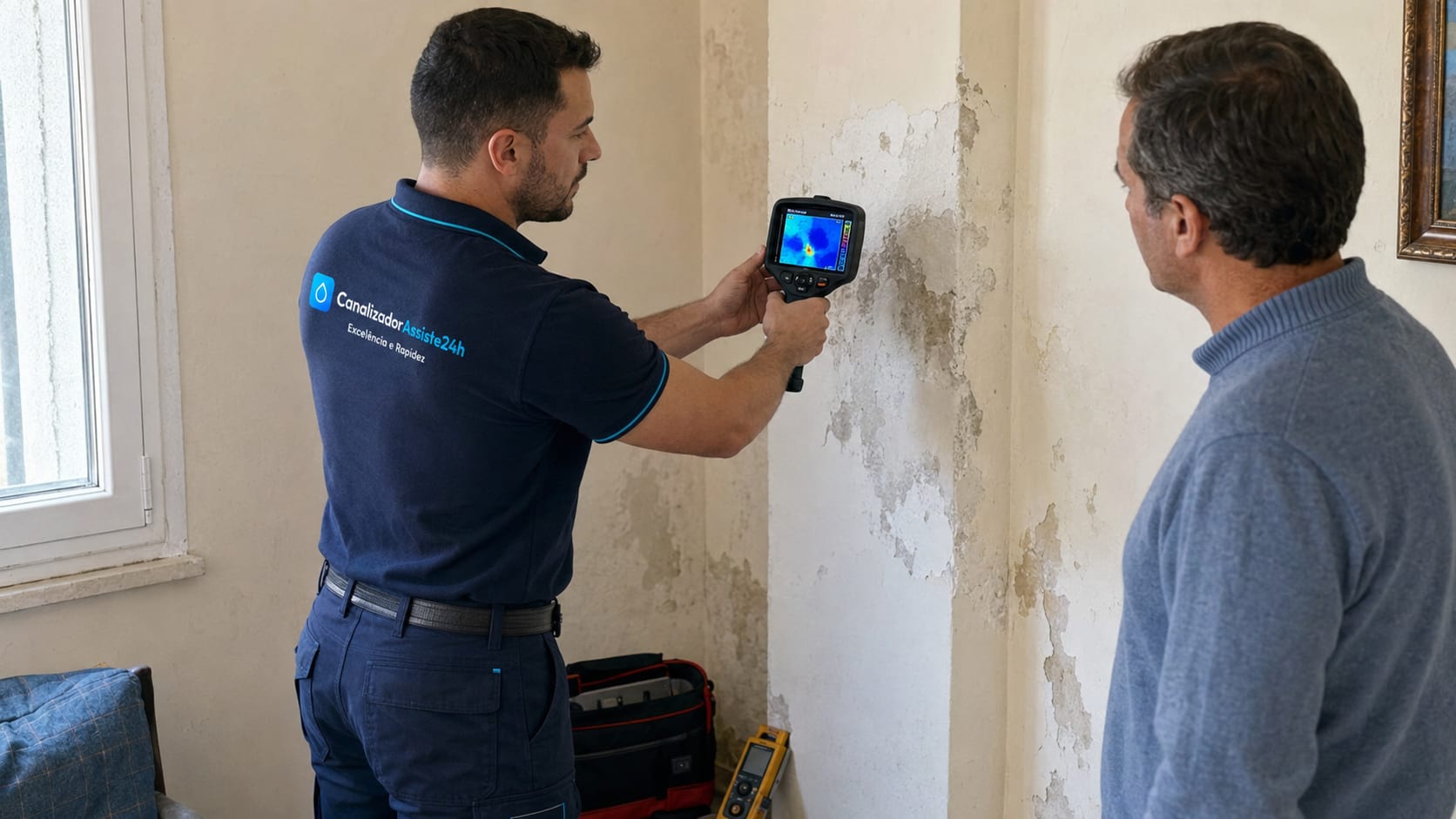 Técnico com câmara termográfica a detetar fuga de água oculta numa parede com infiltração