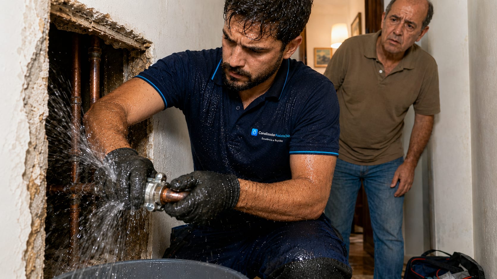 Canalizador a fixar braçadeira metálica em cano de cobre com fuga de água ativa