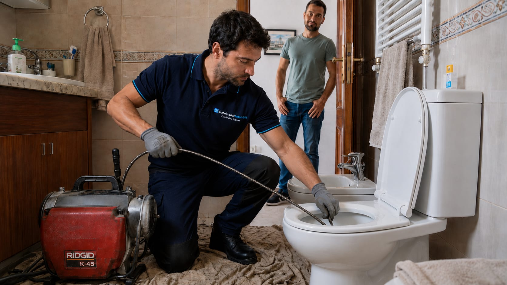 Canalizador ajoelhado a desentupir sanita com espiral motorizada em casa de banho residencial