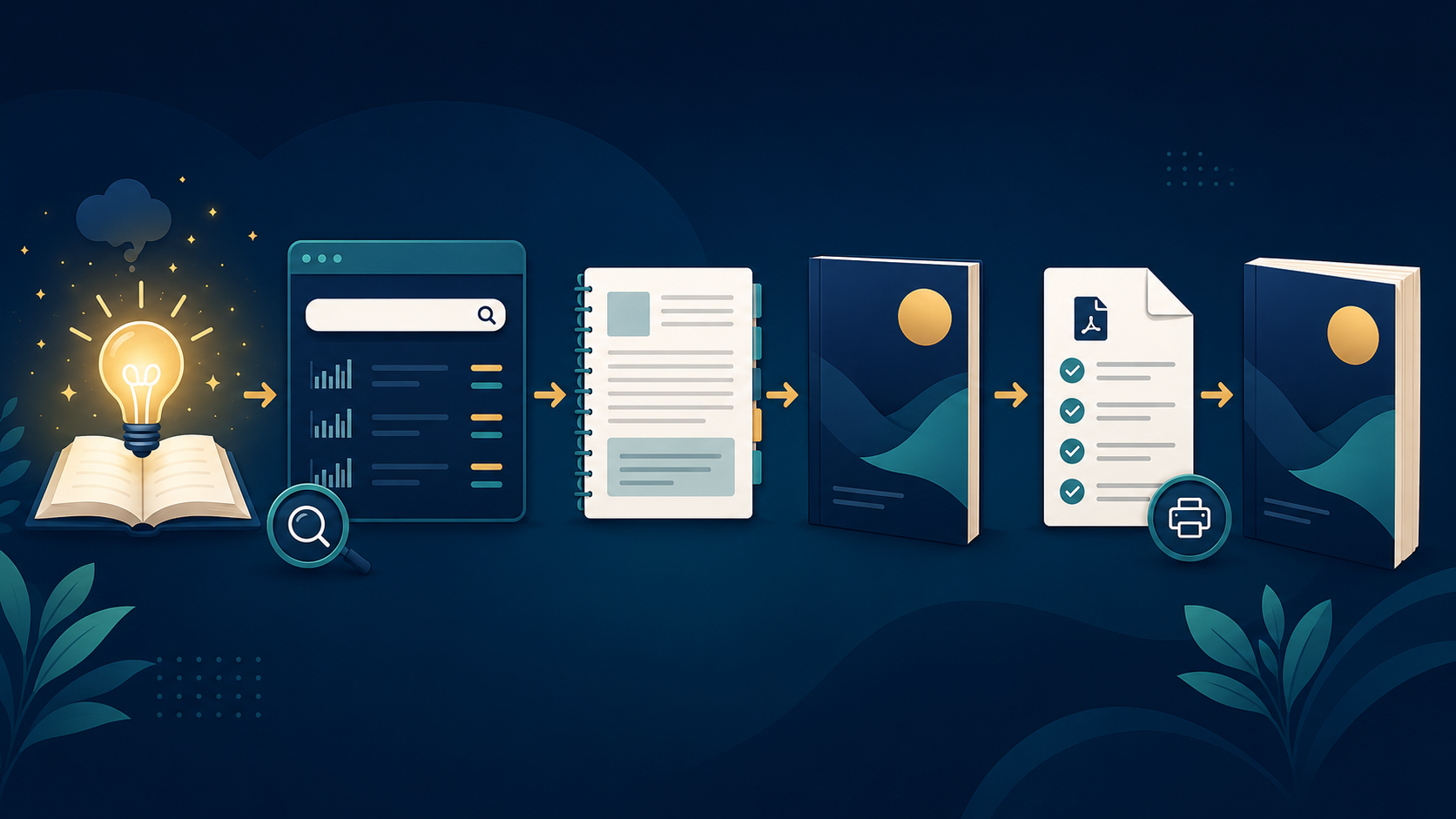 Seven-step KDP book creation workflow from research to a print-ready PDF