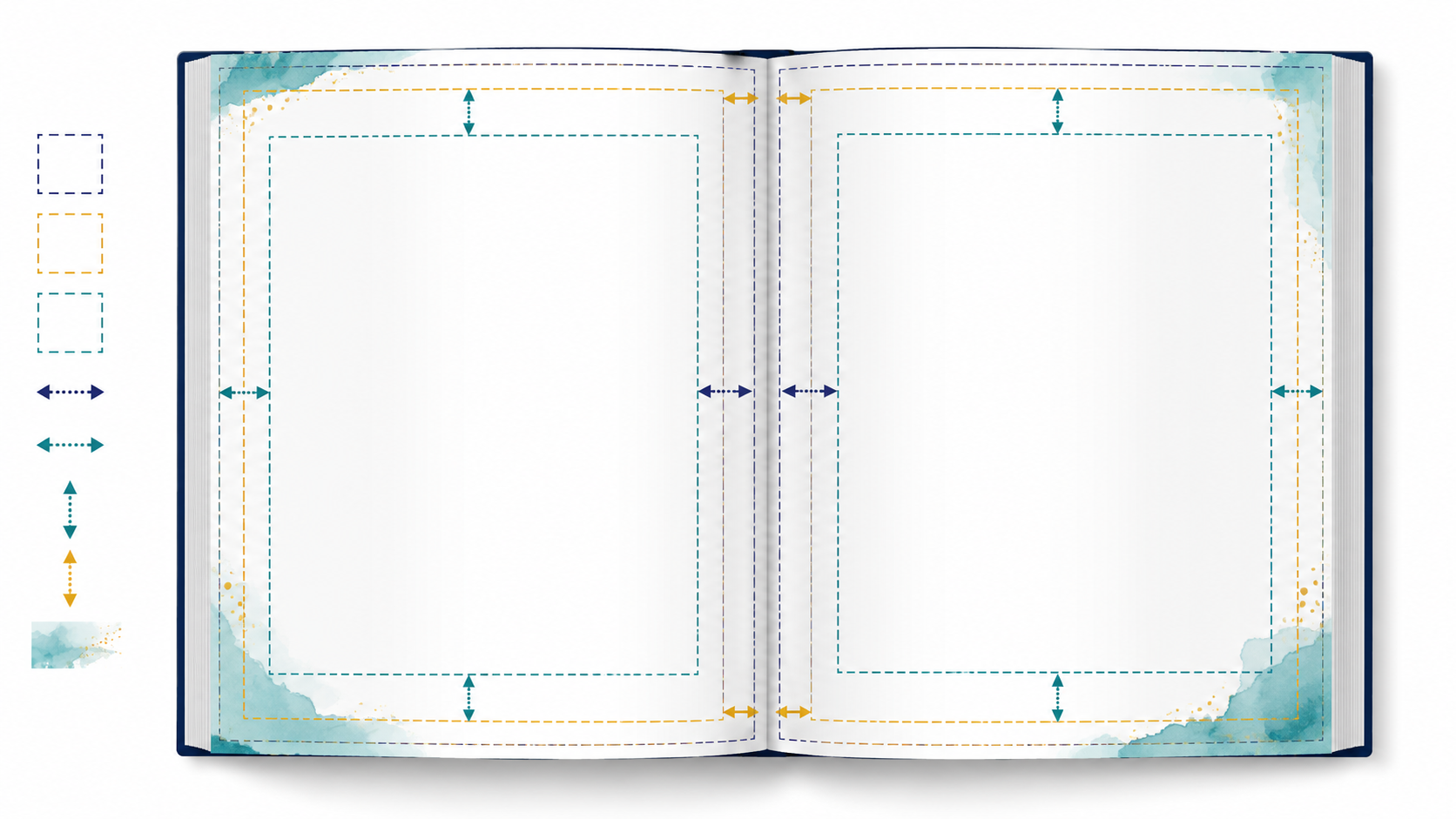 Open book showing KDP trim size, bleed, margins and gutter areas