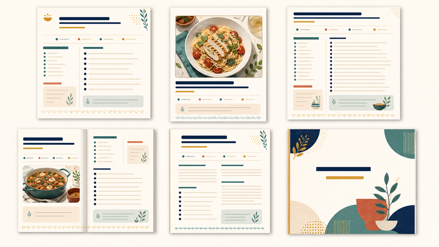 Six reusable page-layout types for designing a consistent recipe book