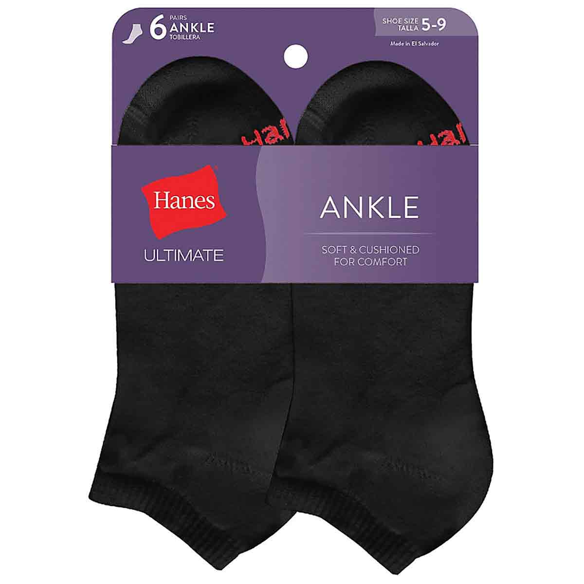 Hanes womens 6-pair Comfort Fit Ankle athletic socks, Black, 5-9