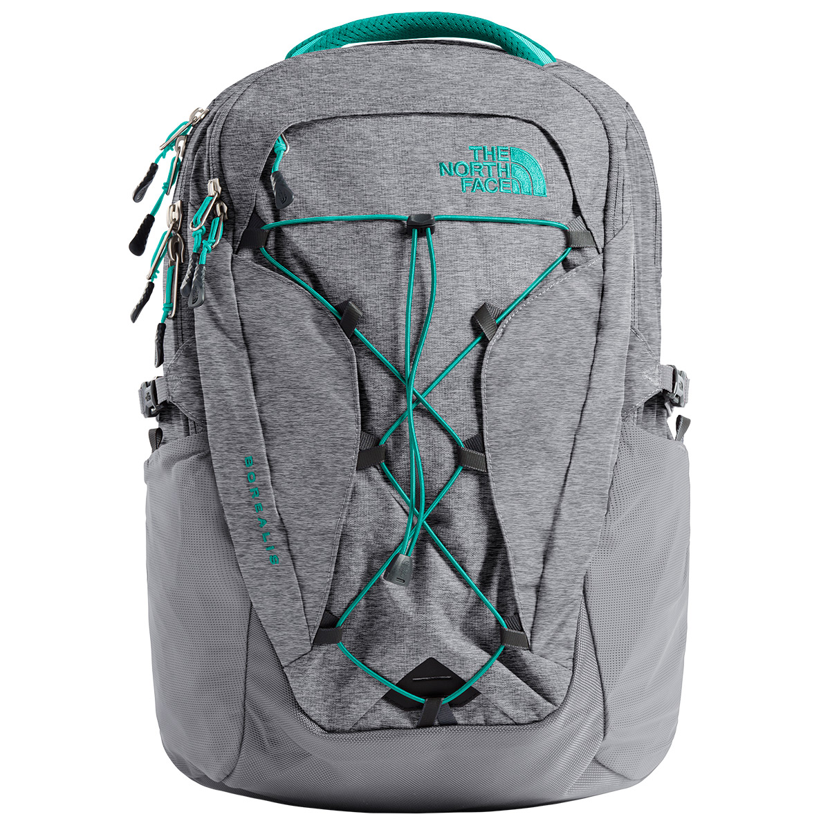 teal and grey north face backpack