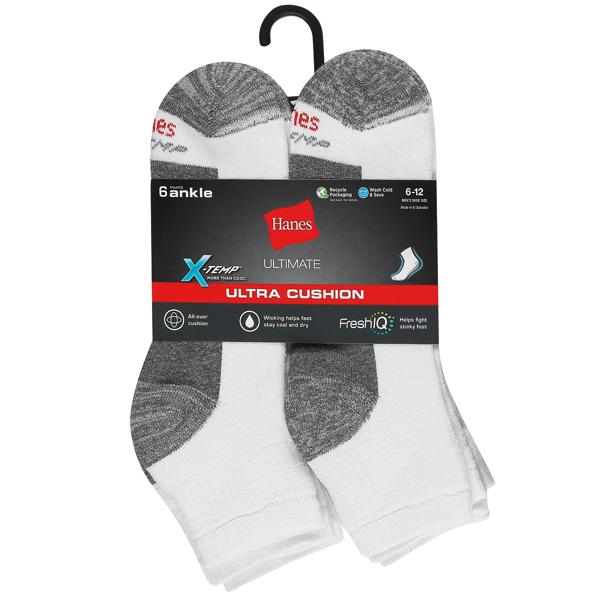 Hanes Men's Ultimate X-Temp Ultra Cushion Ankle Socks, 6 Pack