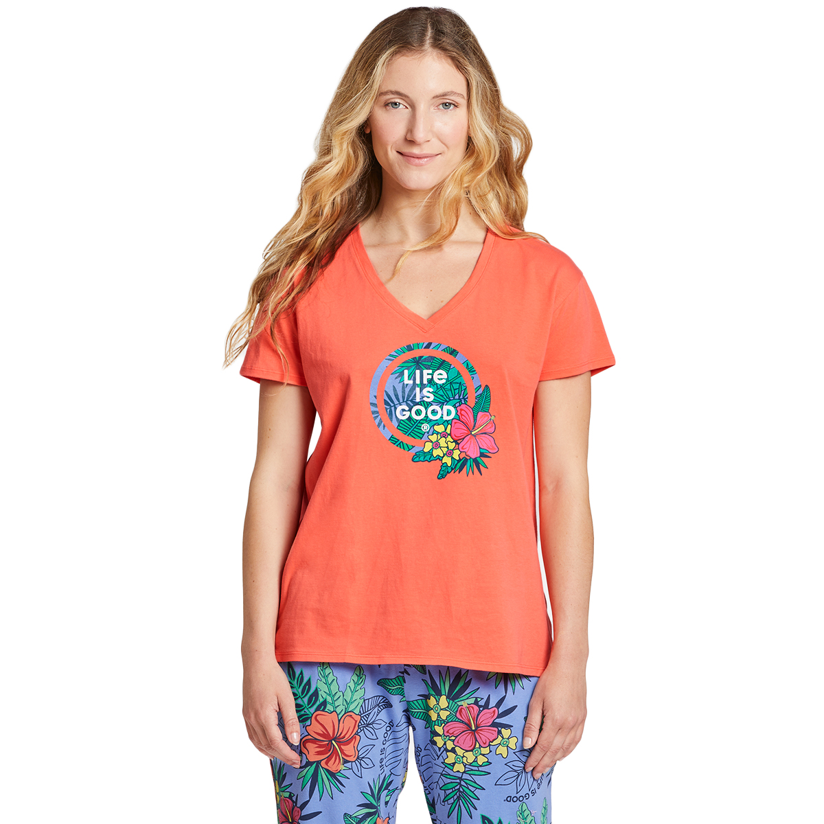 Life Is Good Women's Tropical Hibiscus Palm Coin Snuggle Up Relaxed Sleep Vee