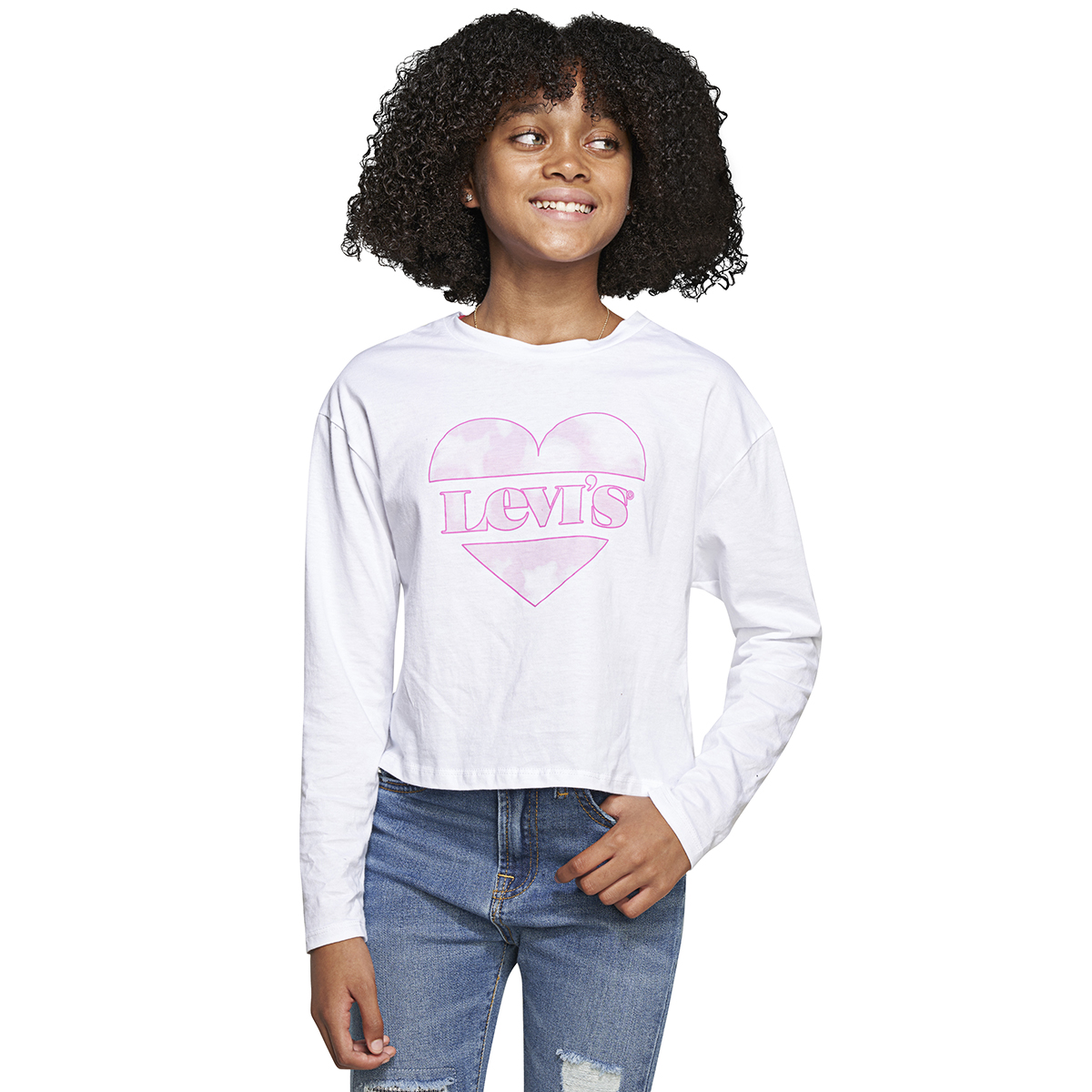 Levi's Girls' Heart-Graphic Long-Sleeve Cropped Tee - Size L