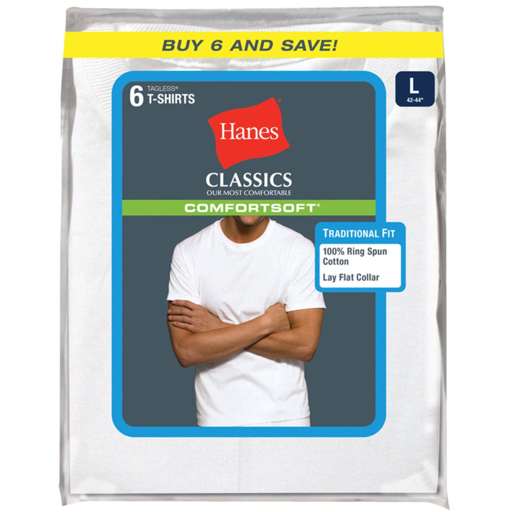 HANES Men's Classics Comfortsoft Tagless Tees, 6-Pack S