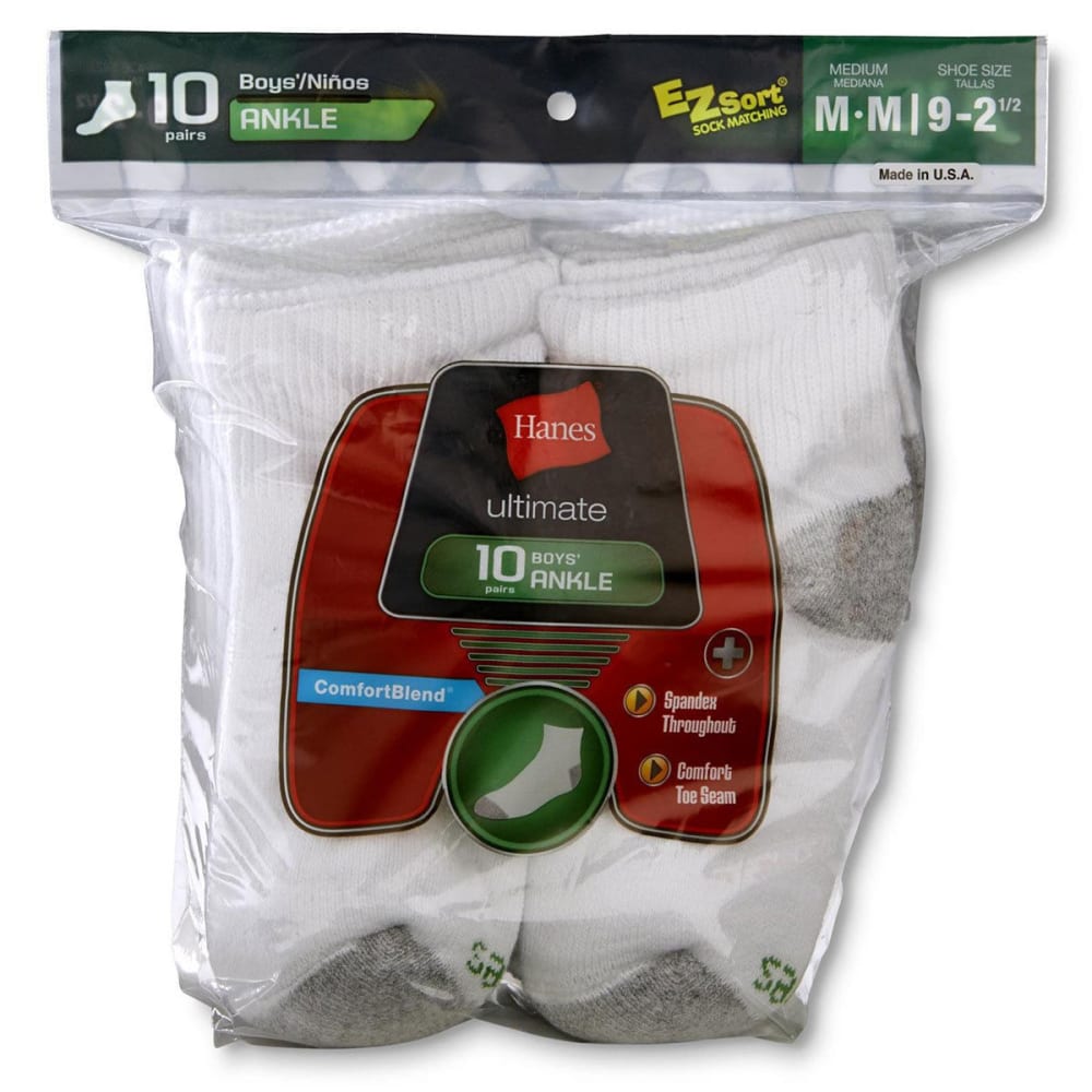 HANES Boys' Ankle Socks, 10 Pack S