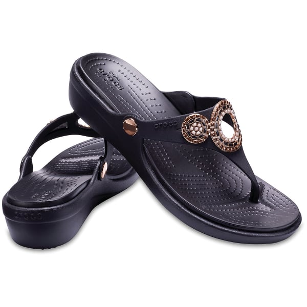 CROCS Women's Sanrah Embellished Diamante Wedge Flip Sandals