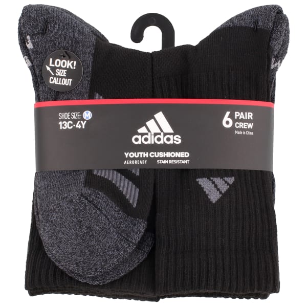 ADIDAS Youth Cushioned Angle Stripe Crew Socks, 6 Pack