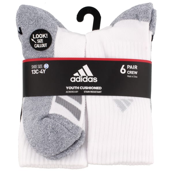 ADIDAS Youth Cushioned Angle Stripe Crew Socks, 6 Pack