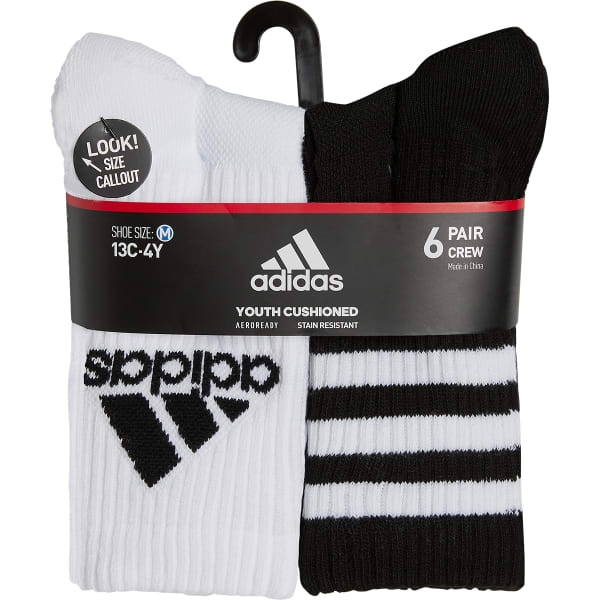 ADIDAS Boys' Cushioned Crew Socks, Assorted 6-Pack