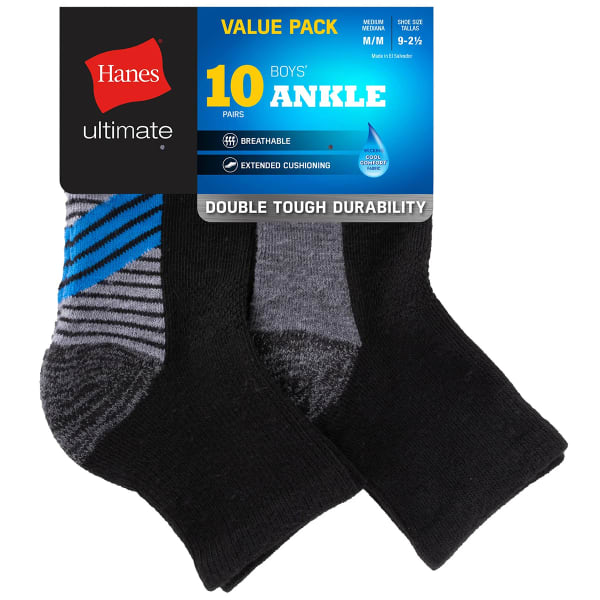 HANES Boys' Ultimate Ankle Socks, 10-Pack
