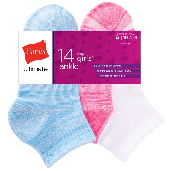 HANES Girls' Ultimate Cool Comfort Ankle Socks, 14 Pack