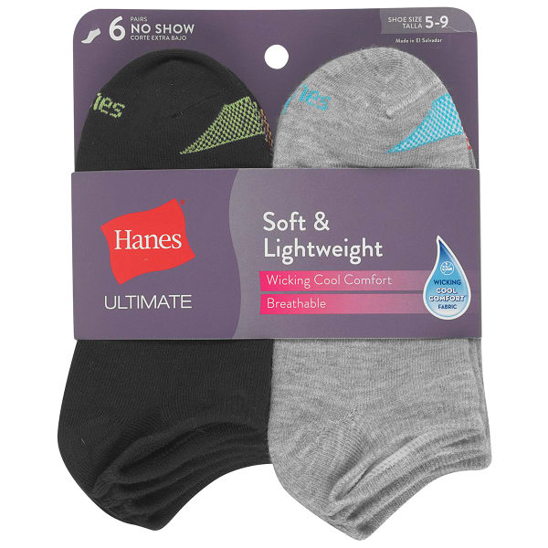 HANES Woman's Ultimate Lightweight Breathable Wicking Cool Comfort No Show Socks, 6 Pack