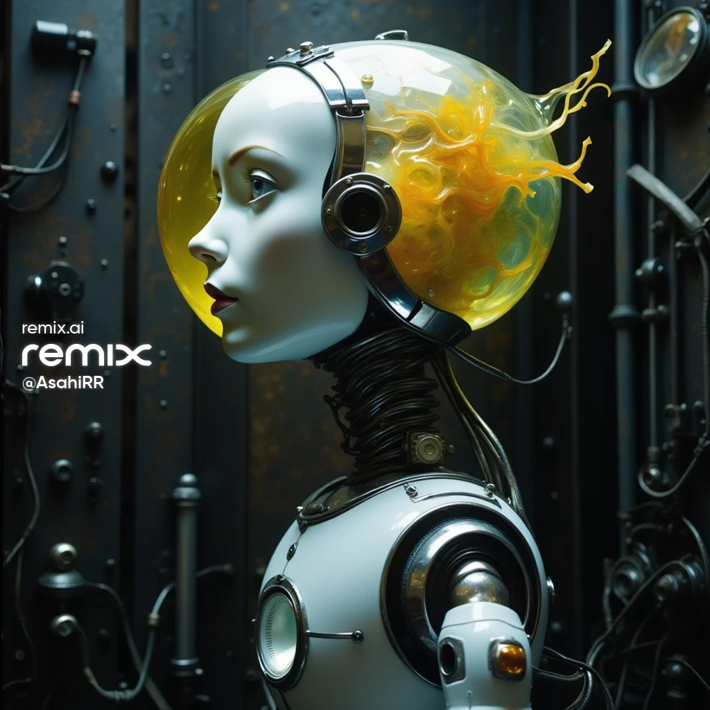 The biorobot stands against a metal black wall. Ha…