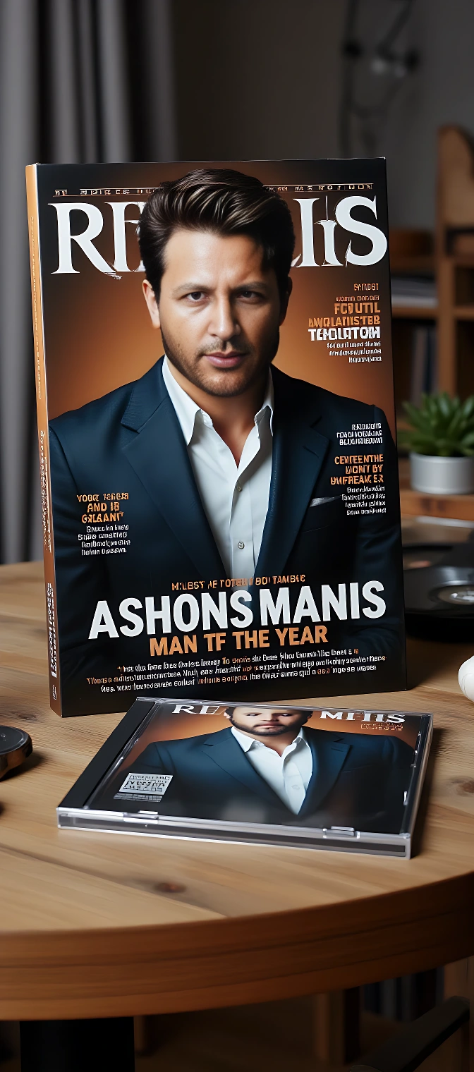 A strikingly handsome man with chiseled features and piercing blue eyes gracing the cover of The Times magazine as the esteemed "Man of the Year" at the Remix AI Awards ceremony, elegant suit, confident pose, dramatic lighting, high-resolution image quality.