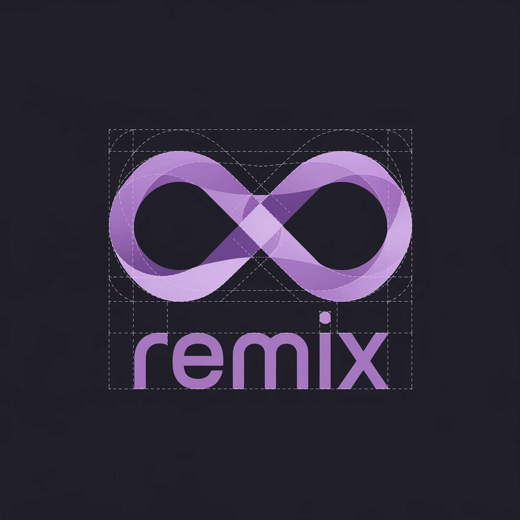 A minimal logo with a purple "R" litter morphed inside an infinity symbol. Below the logo, the text "REMIX" is written in a modern, sans-serif font. The logo is centered and has a negative space around it. The design follows the golden ratio and has a flat2d style. The background is black. Fibonacci sequence theme.