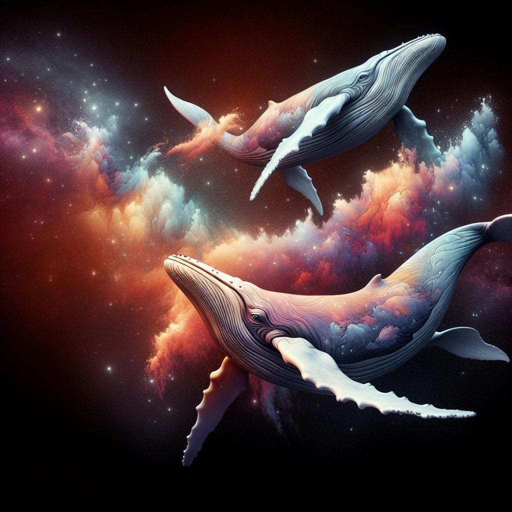 Create a digital sculpture of a beautiful Humpback whales swimming around in space. using AI technology, inspired by [albino white, dusty rose, and gold]. In deep dark space with a background of a vibrant Nebula.