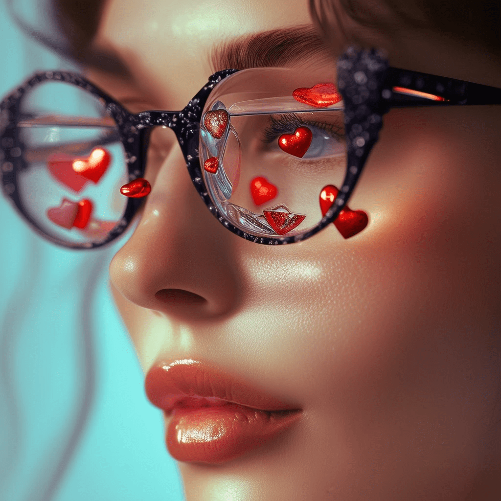 A close-up shot of an elegant woman wearing stylish glasses that are designed to look like miniature aquariums, filled with floating heart-shaped objects. The scene is beautifully lit to enhance her features, with a shallow depth of field that accentuates intricate details in mesmerizing clarity, captured in stunning 32k resolution.