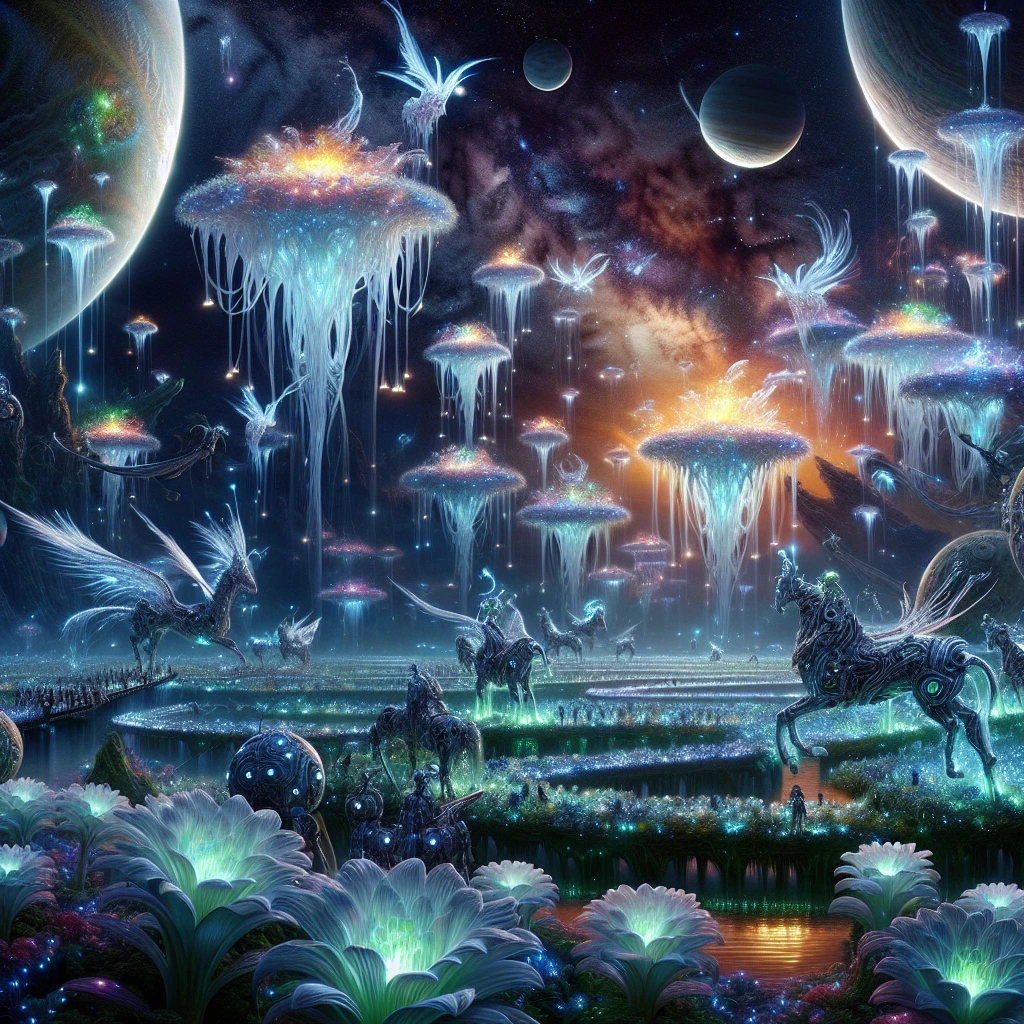 A galactic garden at dusk, filled with bioluminescent plants that have more petal numbers than on earth, glowing in different colors, fantastic creatures, horses with alien armor flying around huge planets and moons. The whole scene is magical, with gardens hanging from gravity holes and bridges made of stardust, this alien scene is captured in high resolution.