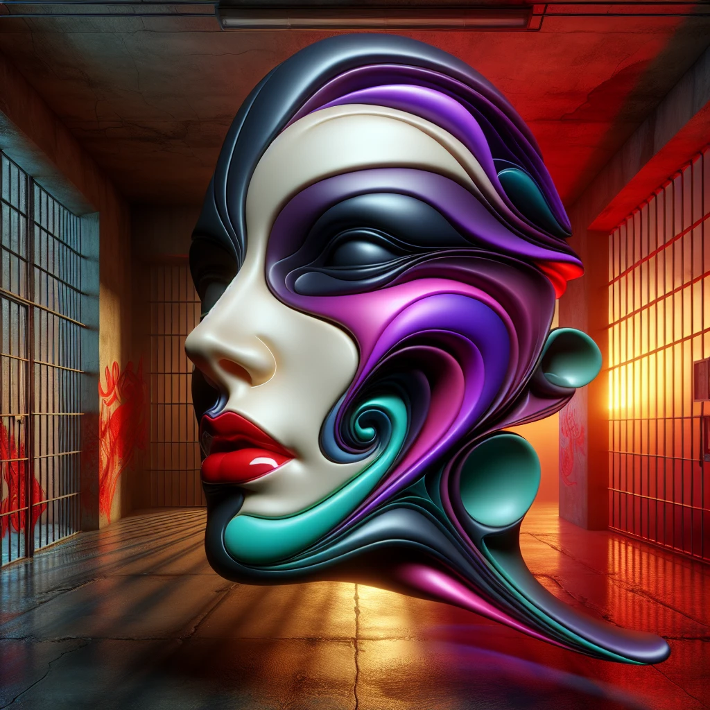 A surreal digital illustration of a stylized human face made up of abstract, fluid shapes, with a combination of smooth, flowing lines and sharp geometric edges. The left side of the face is formed by a mix of colorful, swirling liquid shapes in shades of purple, teal, and black, while the right side features a more rigid cybernetic, white, sculpted form with digital and mechanical features. The lips are bright red and glossy, positioned centrally, creating a striking focal point. The background is an eerie prison cell whit red graffiti that transitions from warm yellow-orange at the center to a darker shade at the edges, giving a glowing effect behind the abstract face. The overall style is futuristic and artistic, with a strong emphasis on contrast and symmetry.