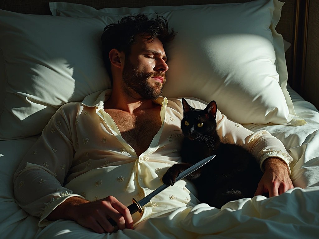 A rugged and muscular man with a hairy chest peacefully sleeping in a luxurious bed, bathed in moonlight. He is wearing transparent translucent elegant silk pajamas with a subtle floral pattern, adding to the sophisticated ambiance. Beside him, a sleek black cat with piercing eyes holds a glimmering knife in its paw, casting a mysterious and tense atmosphere reminiscent of Symbolism art by Mikhail Vrubel, Gustave Moreau, and Vasnetsov. This scene is captured in stunning 8k detail, allowing every minute aspect to shine vividly.