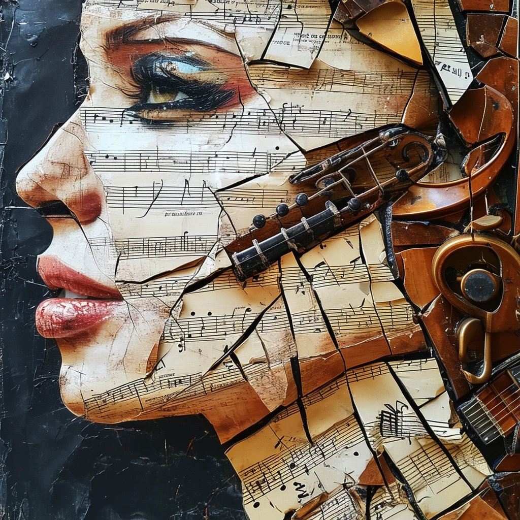 Create a womans face, pieced together from broken musical instruments and music notes