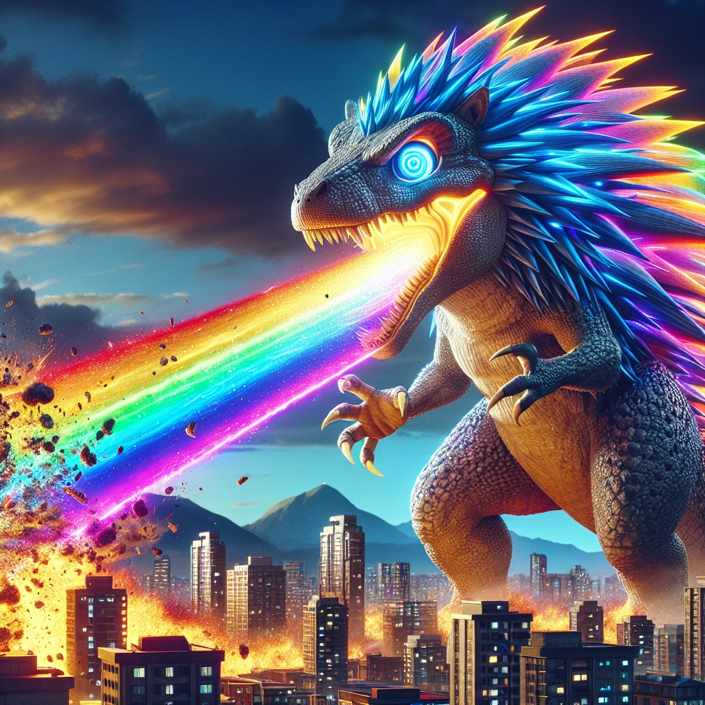 A majestic anime hedgehog with T-rex features shooting a vibrant rainbow beam from its jaws, towering over a bustling cityscape. The hedgehog's reptilian eyes gleam with power and mischief as chaos ensues below, buildings crumbling in its wake, a blend of destruction and colorful magic in a photorealistic depiction.