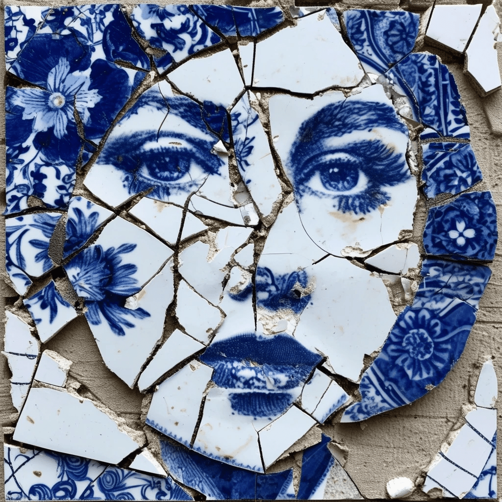 Create a womans face, pieced together from broken delftware and chinaware.