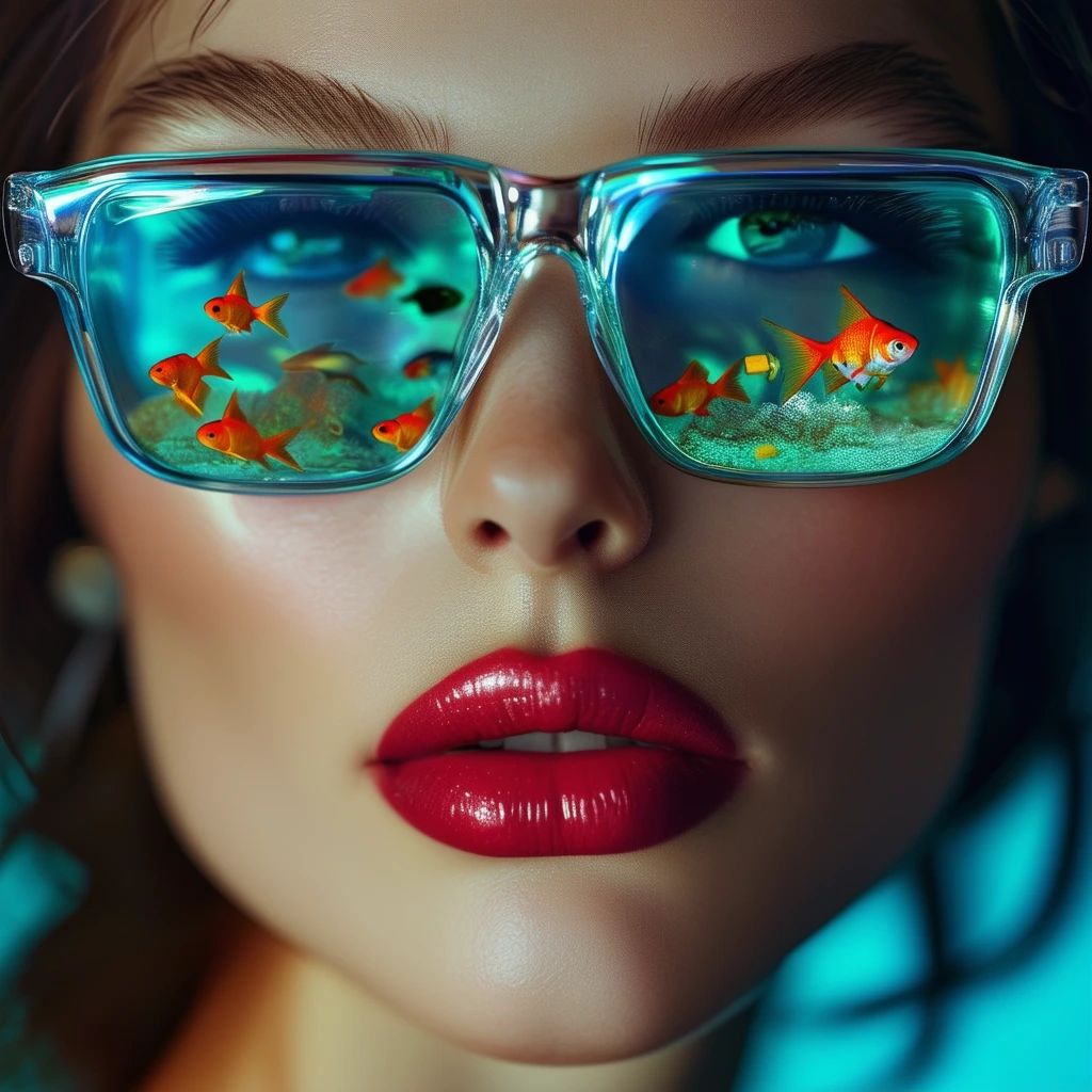 A close-up shot of a glamorous woman wearing glasses that resemble tiny fish tanks, captured with high-quality lighting to enhance her features. The depth of field is shallow, highlighting intricate details with stunning clarity in 32k resolution.