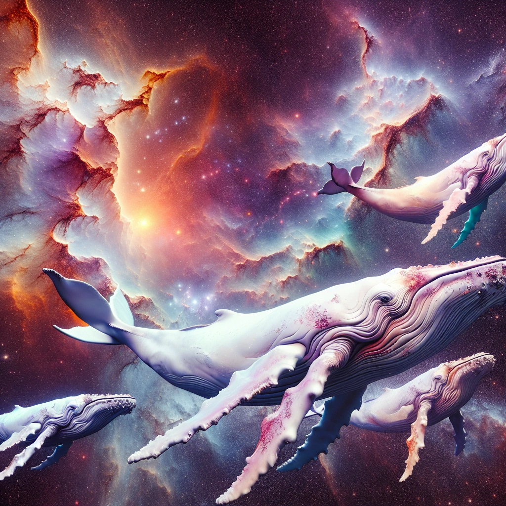 Create a digital sculpture of a beautiful Humpback whales swimming around in space. using AI technology, inspired by [albino white, dusty rose, and gold]. In deep dark space with a background of a vibrant Nebula.