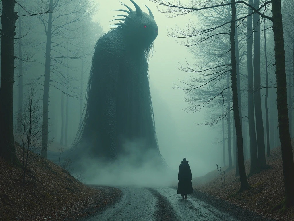 A strange colossus creepy clwn figure Inspired by a mixture of the styles of Moebius, Beksiński, Witkacy, on a foggy road, neo-medieval period and celestialpunk elements, with a black forest in the background, The scene captures a fusion of ancient medieval aesthetics with a futuristic and celestial twist, blending seamlessly in a photorealistic, detailed depiction.