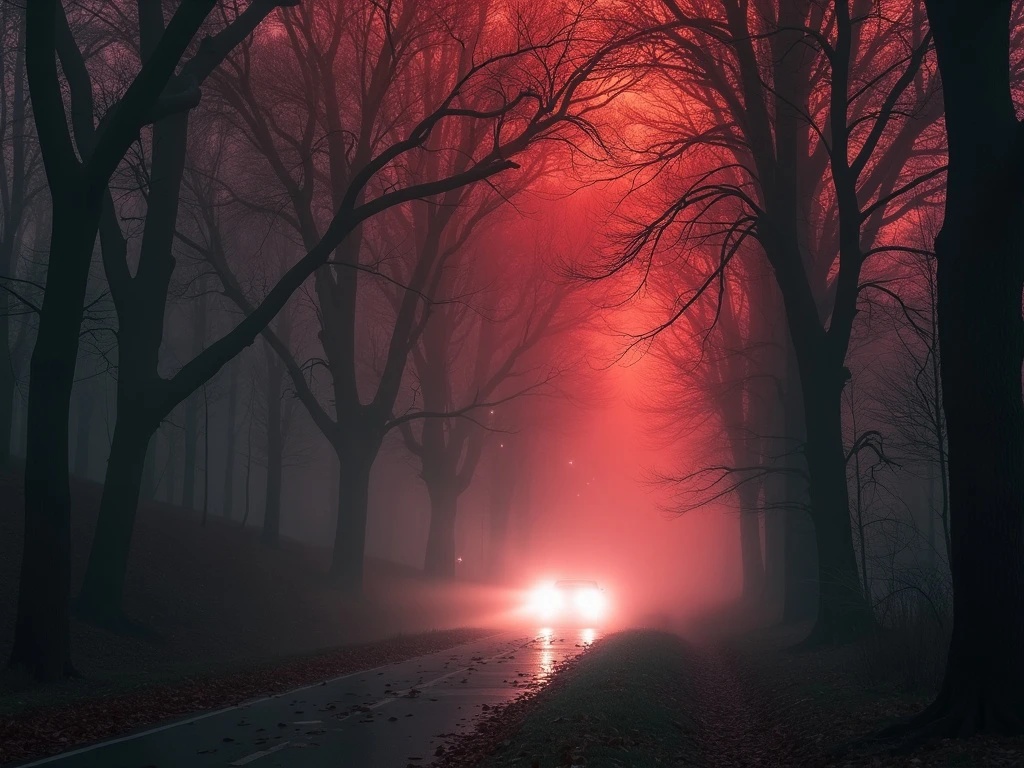 An astrophotograph of a foggy tunnel formed by intermingled and tangled branches of tall trees, with a car zooming through the scene, kicking up a trail of autumn leaves from the road. The atmosphere is mystical with soft, ethereal light filtering through the fog. The car's headlights cast beams through the mist, creating a sense of motion and speed. Stars faintly twinkle through gaps in the trees, adding a cosmic, dreamy element to the otherwise eerie, woodland setting.
Black and red palette