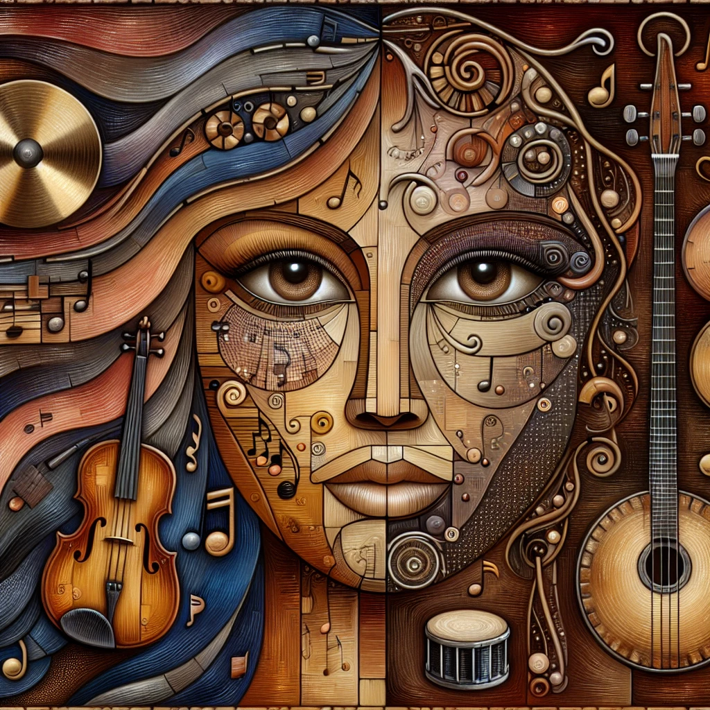 Create a womans face, pieced together from broken musical instruments and music notes