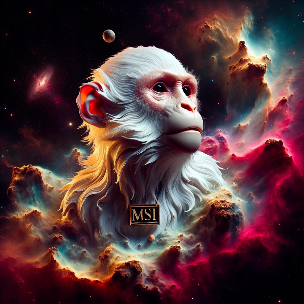 Create a digital sculpture of a beautiful Monkey floating around in space. using AI technology, on his chest is sign saying "MSI ", inspired by [albino white, dusty rose, and gold]. In deep dark space with a background of a vibrant Nebula.