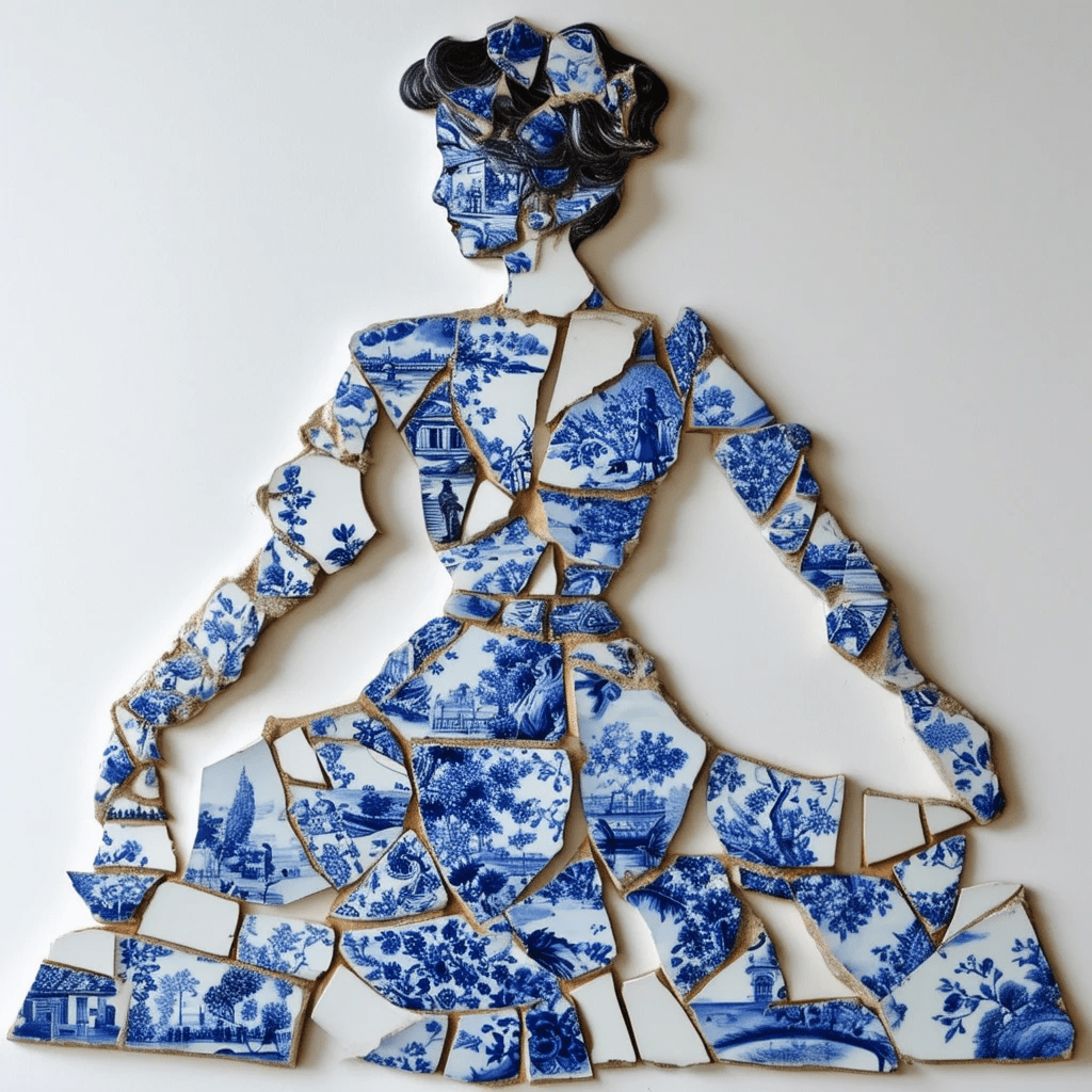 Create a woman pieced together from broken delftware and chinaware.