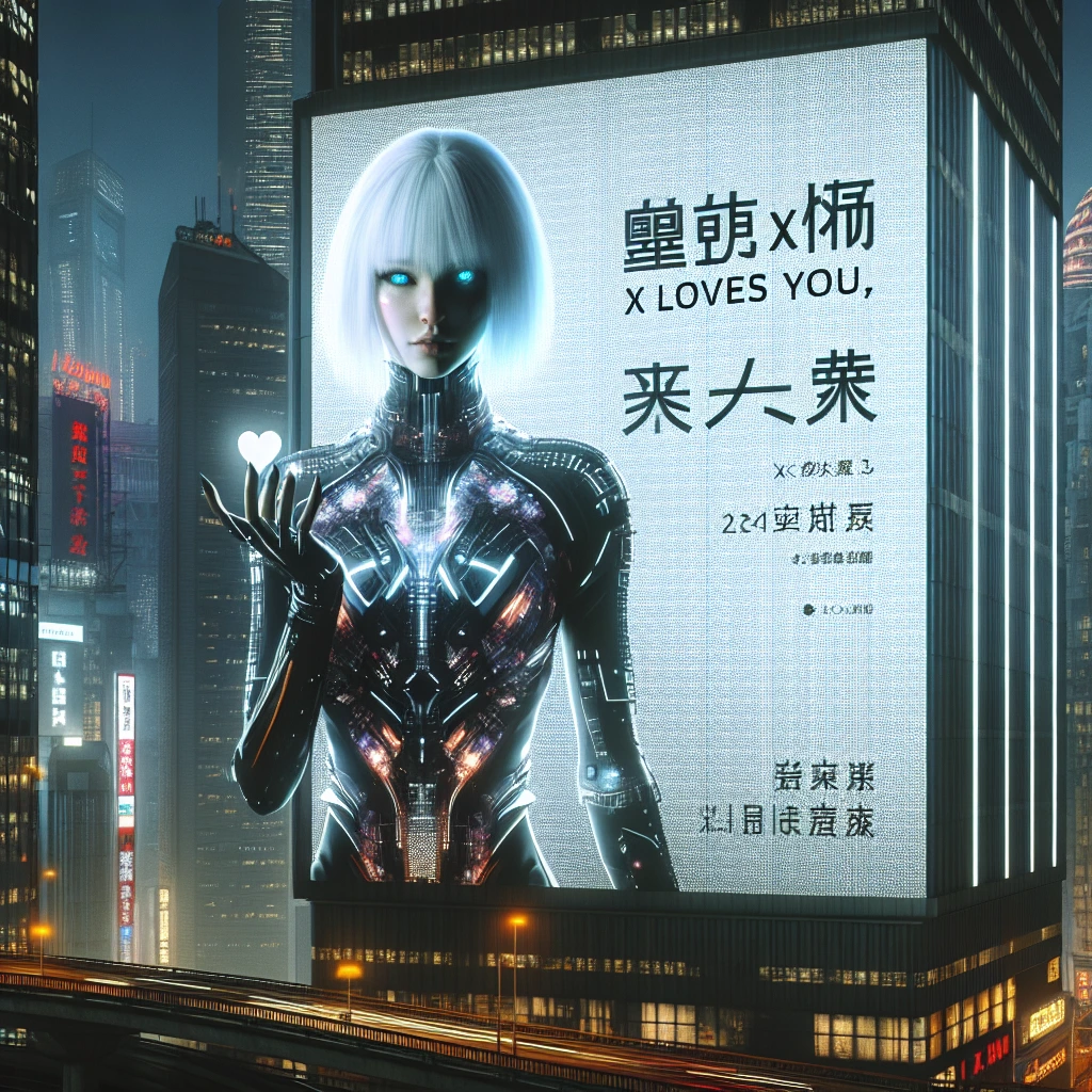 Cityscape in cyberpunk style Neo Tokyo. Highlight the skyscraper with a billboard depicting a beautiful slender girl model with white hair and expressive blue eyes in a stylish sexy suit emphasising gorgeous women’s shapes and holding a mask. The billboard says “XX LOVES YOU❤️”.