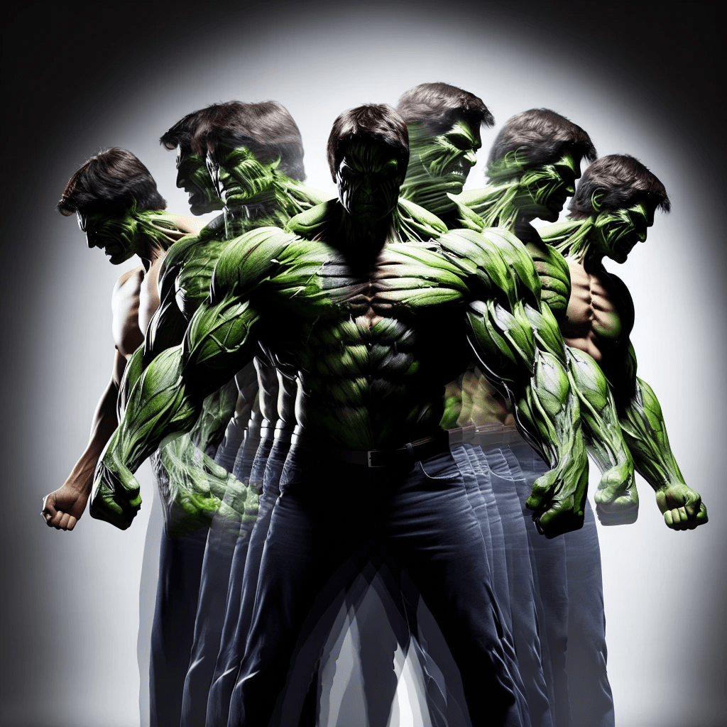 A multiple exposure photography scene in deferent positions capturing both Mark Ruffaloin the back of Halk, the image shows stages of Mark Ruffalo turning to a massive Hulk with pain and screeming and sound waves effects. The image shows several layers of the transformation in different stages of a flowing Mark Ruffalo move, blending together with blurred transitions. Each layer highlights different points in the movement, from a man till he become the Hulk, creating a sense of fluidity, control, and power. The overlapping layers give the composition a dynamic and abstract quality, emphasizing the energy and pain and massive power of the Hulk.