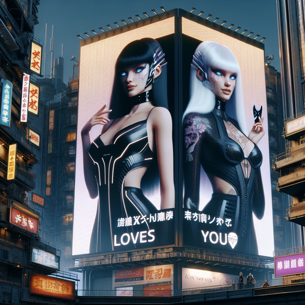 Cityscape in cyberpunk style Neo Tokyo. Highlight the skyscraper with a billboard depicting a two beautiful slender girls models with white and black hair and expressive blue eyes in a stylish sexy suit emphasising gorgeous women’s shapes and holding a mask. The billboard says “XX LOVES YOU❤️”.