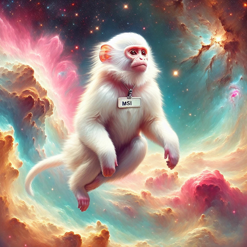 Create a digital painting of a beautiful Monkey floating around in space. using AI technology, on his chest is sign saying "MSI ", inspired by [albino white, dusty rose, and gold]. In deep dark space with a background of a vibrant Nebula.