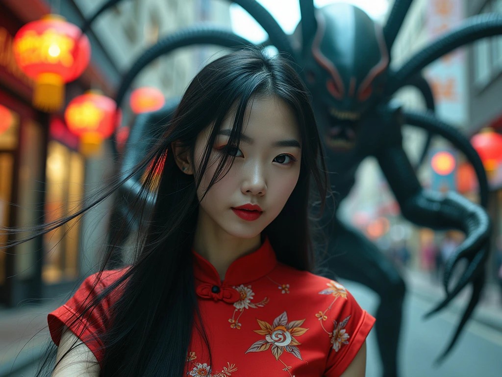 A Chinese woman with long black hair, clad in a vivid red cheongsam dress, strikes a confident pose on a vibrant city street. With a surprising turn of events, a daunting creature reminiscent of "Alien" emerges in the background, its eerie tentacles reaching towards her with a supernatural aura. The high-quality image showcases dynamic lighting and a cinematic composition, seamlessly blending reality with a thrilling touch of the fantastical. The woman captures a selfie, unfazed by the monster looming behind her, both figures sharply in focus.