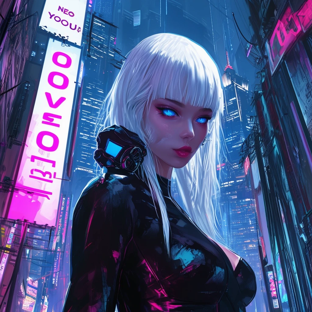 Cityscape in cyberpunk style Neo Tokyo. Highlight the skyscraper with a billboard depicting a beautiful slender girl model with white hair and expressive blue eyes in a stylish sexy suit emphasising gorgeous women’s shapes and holding a mask. The billboard says “XX LOVES YOU❤️”.