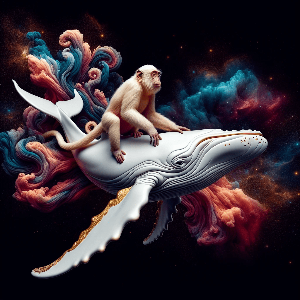 Create a digital sculpture of a beautiful Humpback whales with a monkey on its back swimming around in space. using AI technology, inspired by [albino white, dusty rose, and gold]. In deep dark space with a background of a vibrant Nebula.