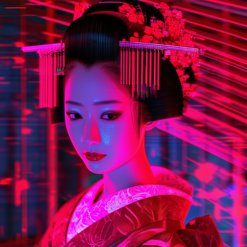 Geisha in the style of datamoshing , VHS glitch,highly detailed ,crimson neon light,artifact effects