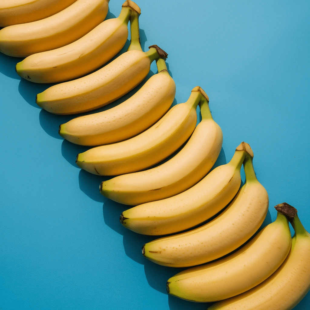 A carefully arranged pile of ripe yellow bananas following the golden ratio, set against a striking vibrant blue background, creating a visually pleasing composition with mathematical precision. Each banana curves gracefully, casting soft shadows on the smooth surface, emphasizing the natural beauty of the fruit. The contrast between the warm tones of the bananas and the cool blue backdrop adds a sense of harmony and balance to the scene.