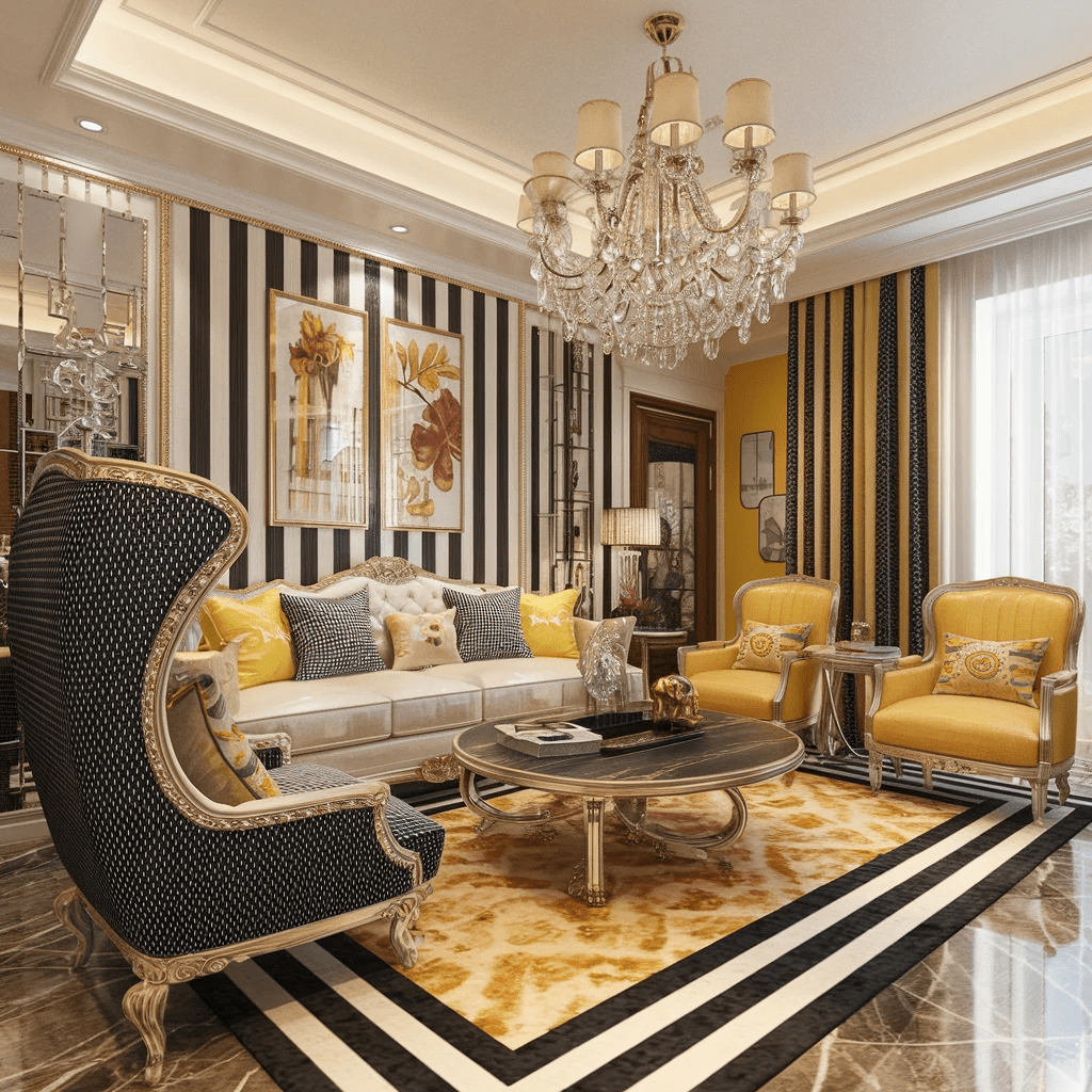 Close-up of a chair, Interior full of rhinestone, striped black and white ,and yellow different shades of yellow luxurious living room