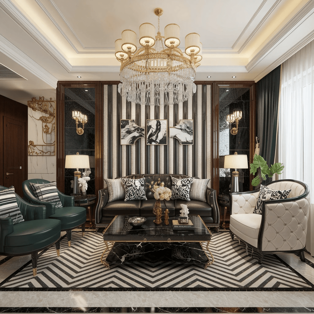 Interior full of rhinestone, striped black and white luxurious living room